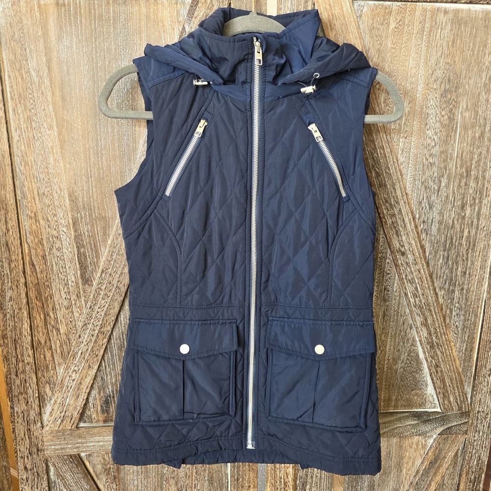 Athleta Jacket Women's Size XS Navy Blue Vest Detachable Hood Quilted Zip Lined‎